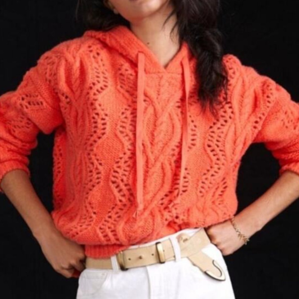 Anthropologie Coral Orange Hooded Open-Knit Sweater